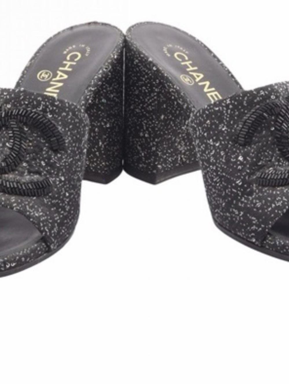 CHANEL Black and Silver Tweed Logo Block Heel Mules